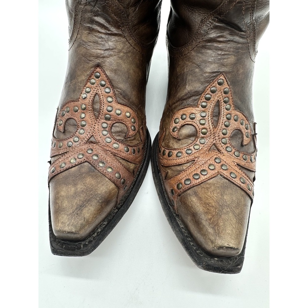 OLD GRINGO for Cavender's Chocolate/Tan Overlay Scroll Fleur Studded Boots 6B - Picture 5 of 12